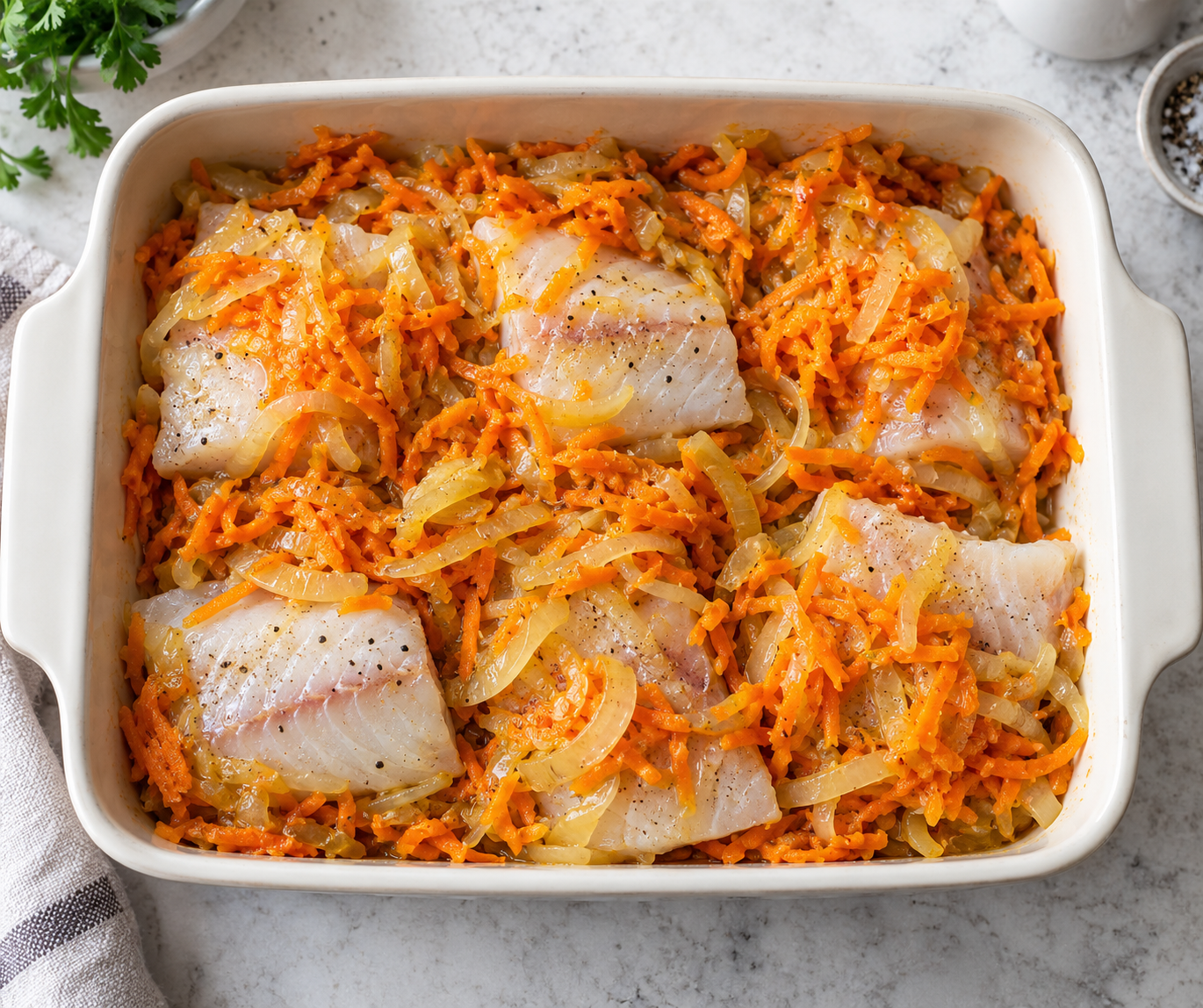Минтай с луком и морковью в духовке без майонеза