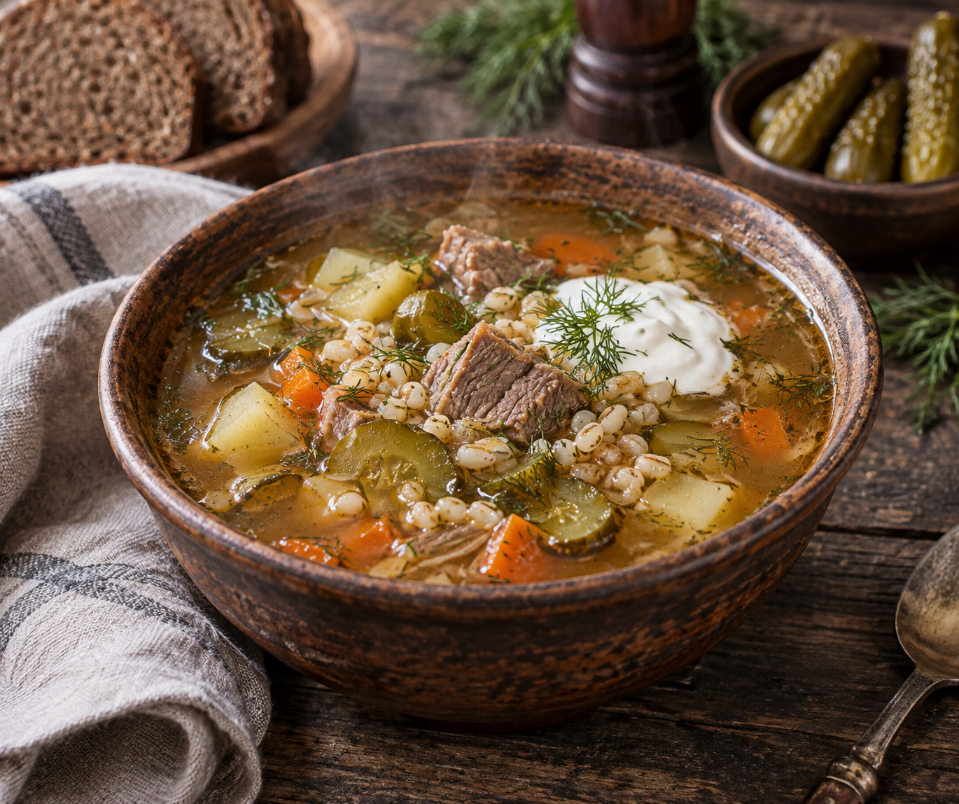Рассольник с перловкой и солёными огурцами: прозрачный бульон без лишней кислоты