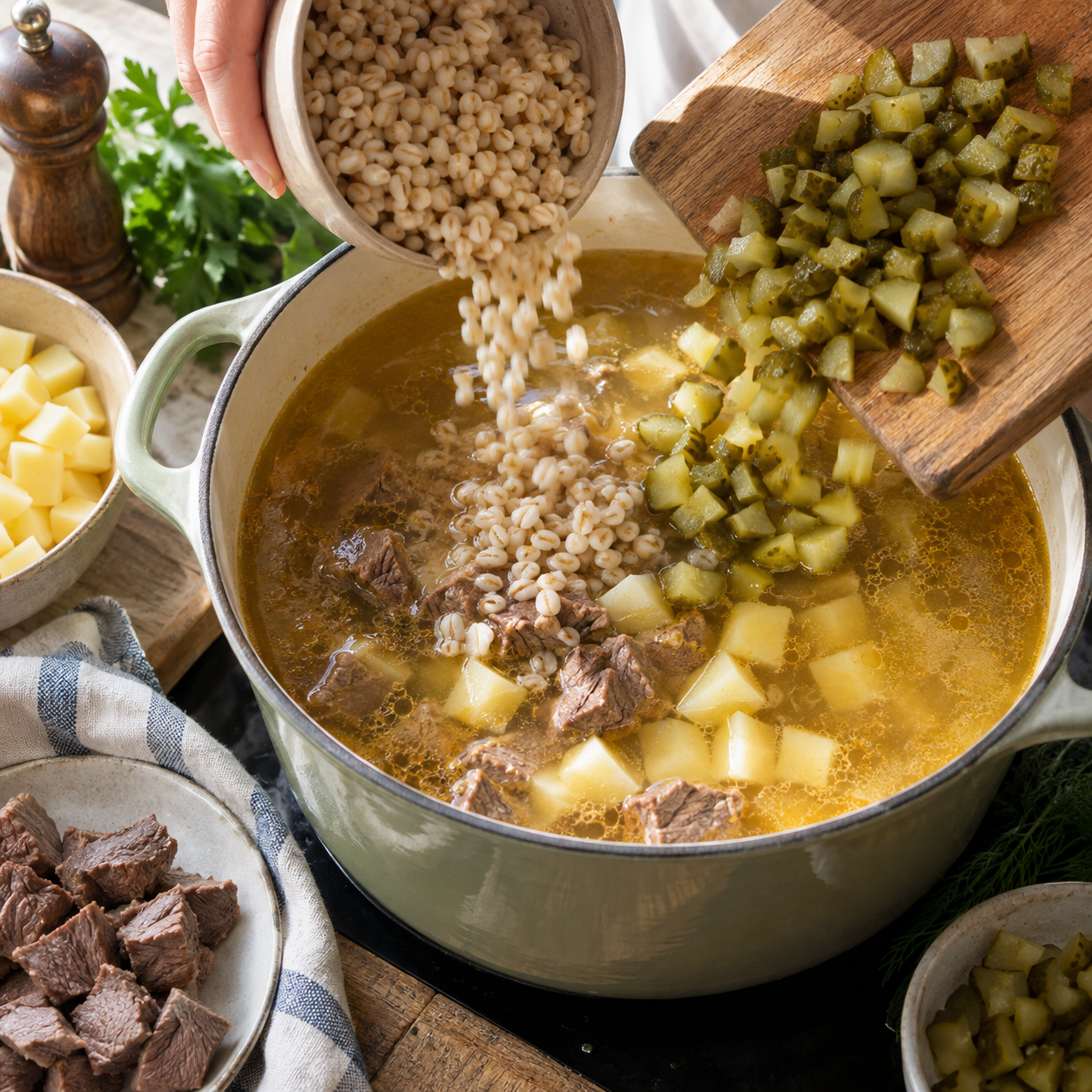 Рассольник с перловкой и солёными огурцами: прозрачный бульон без лишней кислоты