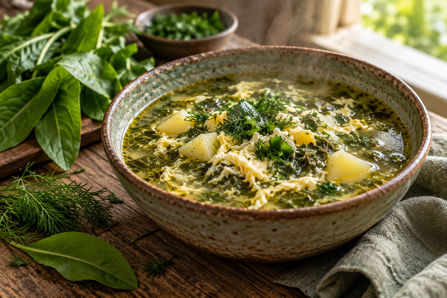 Щавелевый суп с яйцом и картофелем без мяса